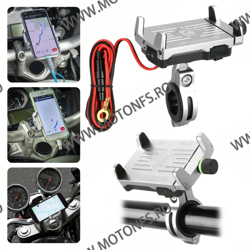 Suport telefon gps moto cu incarcatoare rapide USB fixare pe ghidon - Argintiu U2GOY U2GOY  Suport Telefon & GPS 99,00 lei 99...