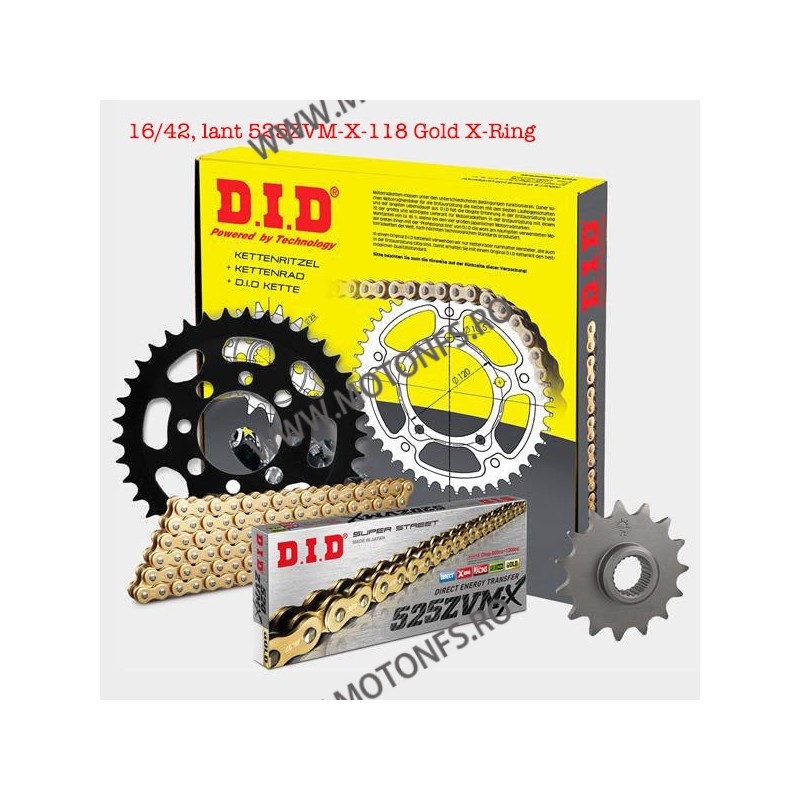 16/42, lant 525ZVM-X-118 Gold X-Ring DID - kit lant KTM 950/1190 16:42 GOLD, pinioane 125-572-1 / DID-201-130 DID RACING CHAI...