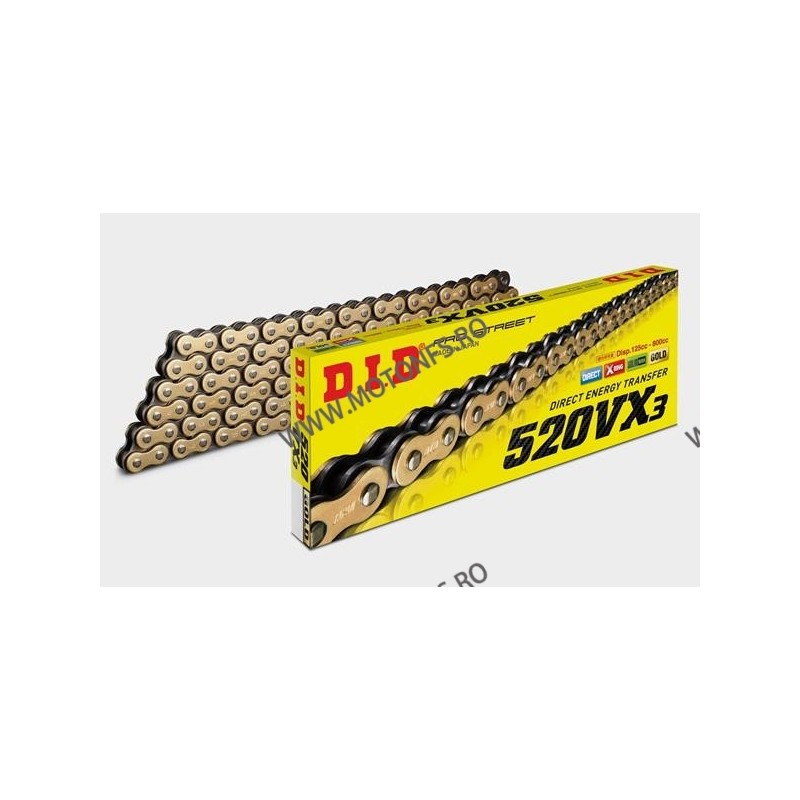 DID - Lant 520VX3 cu 118 zale - [Gold] zale - X-Ring ZB 1-445-118 / 103022118G DID RACING CHAIN Acasa 384,00 lei 345,60 lei 3...