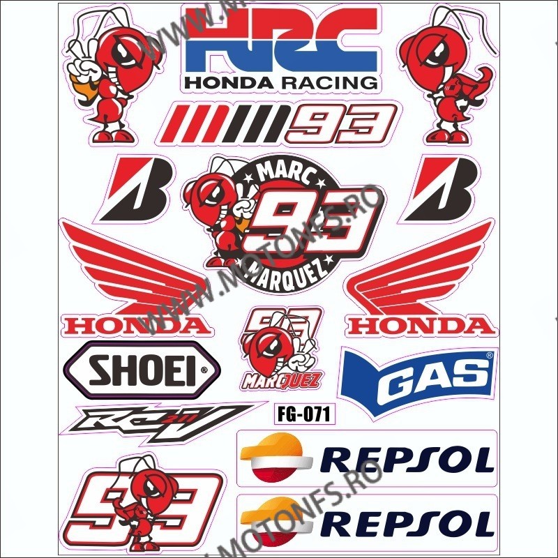 Set Autocolant / Stickere 25cmx30cm Pentru Carena Moto HONDA RACING HRC 93 GAS SHOEI REPSOL FQV68  Autocolant / Stikare Caren...