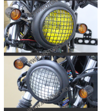 Far Moto Cu Grile Protectie Geam Transparent Material Aluminiu cafe racer chopper, bobber JS-382  Faruri Moto Universale 135,...