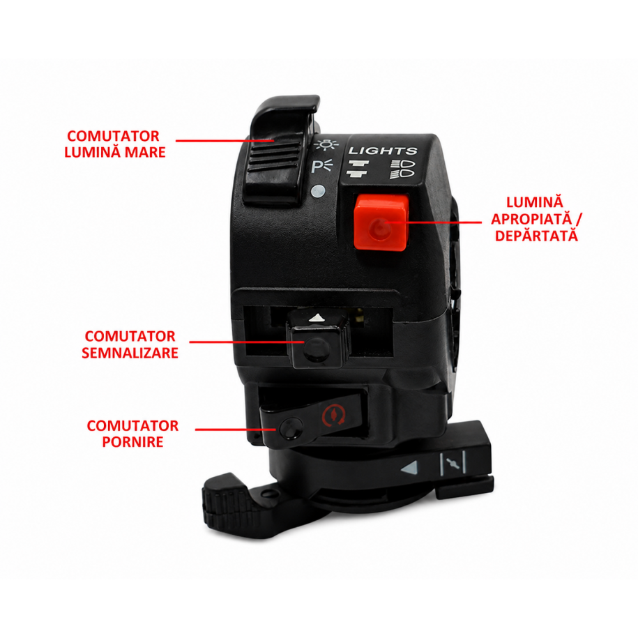 Comutator Ghidon Moto Multifuncțional 22mm Cu Soc Control Lumini, Fază Scurtă Lungă, Pornire, Universal 9B5C3  Comenzi Ghidon...