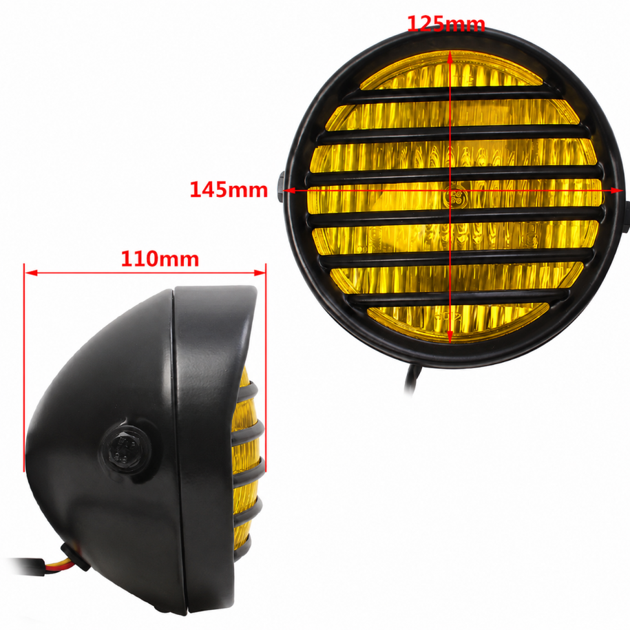 Far Rotund Universal 12V 35W cu Grilă Stil Cafe Racer / Bobber Negre Cu Geam Galben 6DQ6H  Faruri Moto Universale 195,00 lei ...