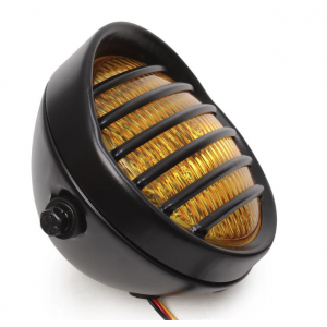 Far Rotund Universal 12V 35W cu Grilă  Stil Cafe Racer / Bobber Negre Cu Geam Galben