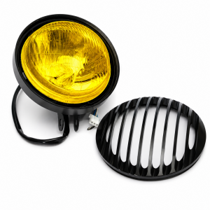 Far Moto Retro 5.75 Inch cu Lentilă Galbenă din Sticlă, Grilaj Metalic, 12V, Universal Bobber, Chopper, Cafe Racer, Harley 76...
