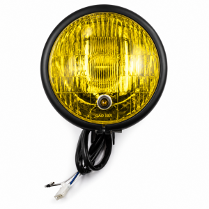 Far Moto Retro 5.75 Inch cu Lentilă Galbenă din Sticlă, Grilaj Metalic, 12V, Universal Bobber, Chopper, Cafe Racer, Harley 76...